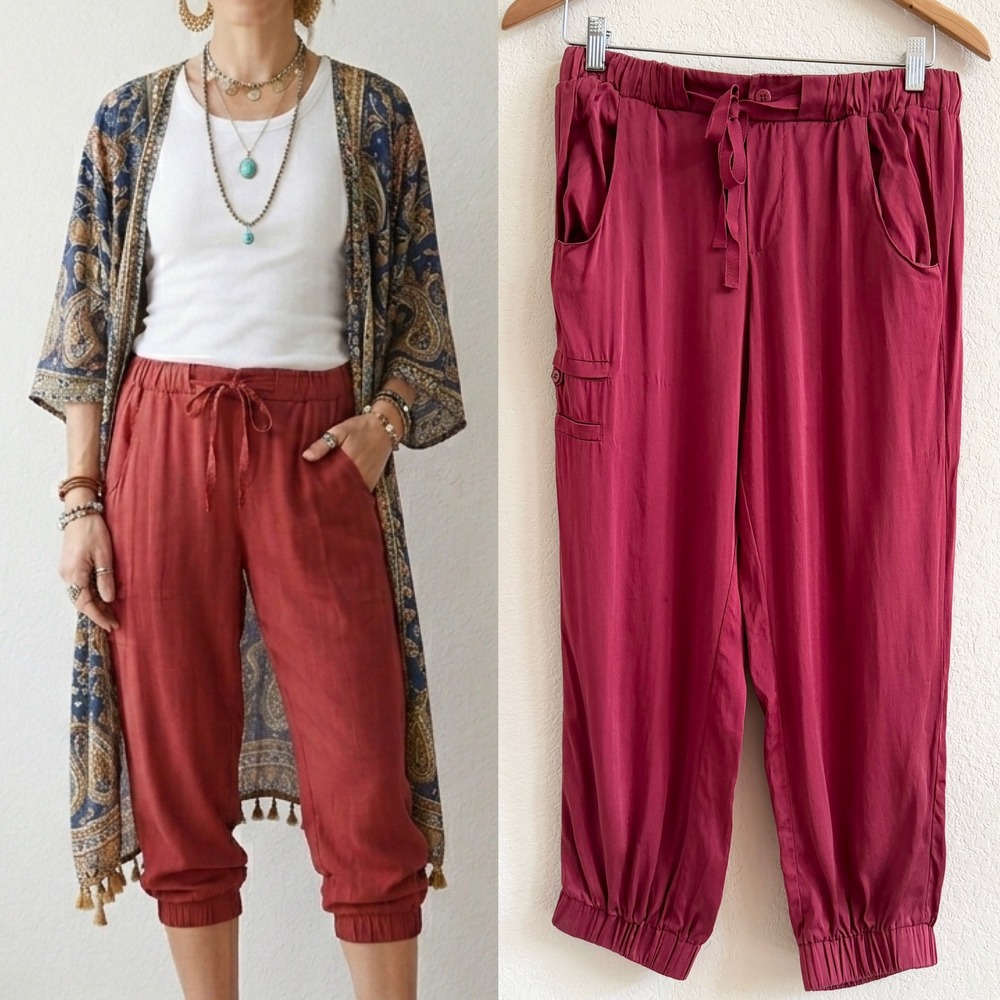 Anthropologie Poleci‎ 100% Silk Cropped Cargo Jogger Pants Red Pajama Boho